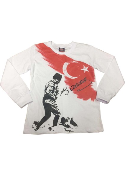Uzun Kol Beyaz Atatürk Kocatepe Tişört Unisex Pamuklu Ürün 15-16 Yaş