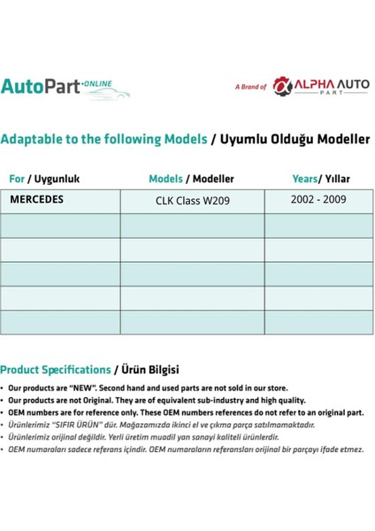 Alpha Auto Part Mercedes Clk Class W209,C Class W203 Için El Fren Mandalı