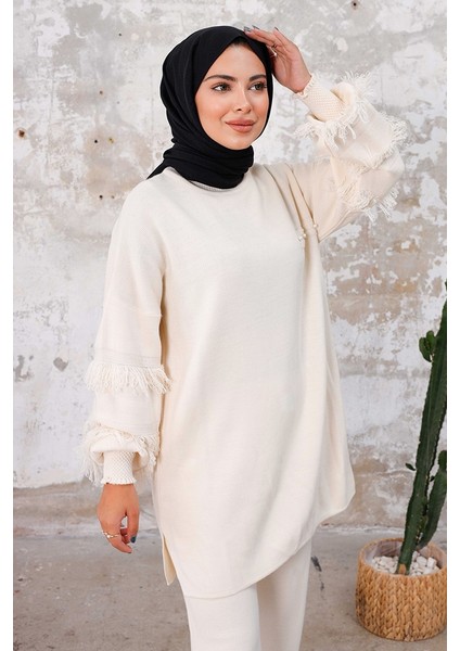 Püskül Kol Tunik Pantolon Ikili Triko Takım 1234 - Ekru
