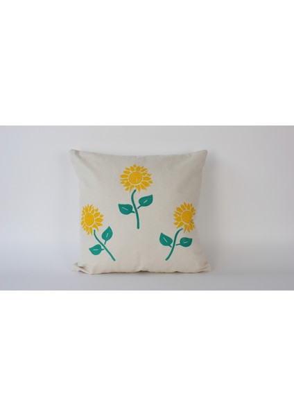 Ayçiçeği Desenli Krem Duck Keten Kumaş 50X50 Dekoratif Kırlent Kılıfı