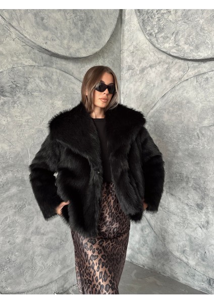 Geniş Yaka Premium Kürk Kaban Siyah indirimleri