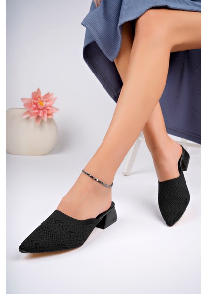 BA04542 Siyah Kadın Tiriko Önü Kapalı Günlük Bohça 4cm Topuklu Terlik