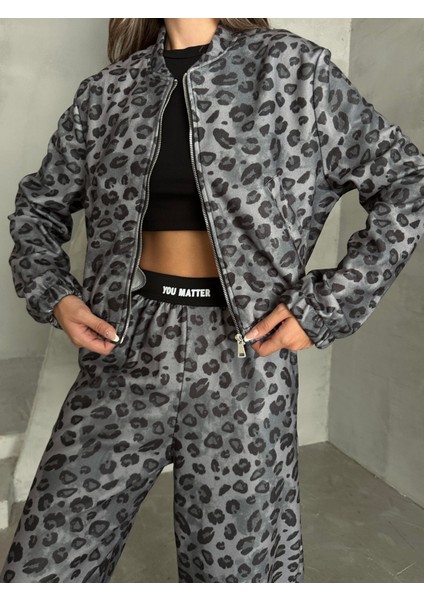 Peluş Leopar Eşofman Takımı Gri