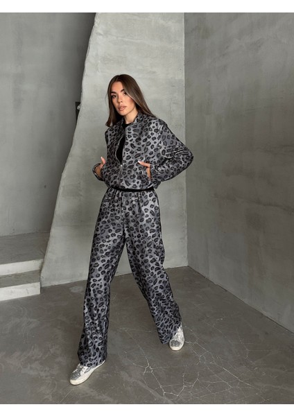Peluş Leopar Eşofman Takımı Gri