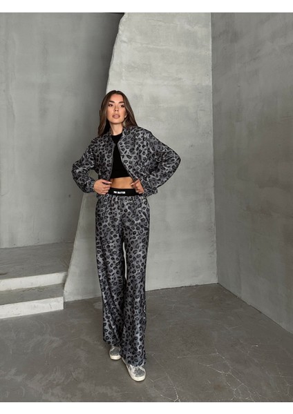 Peluş Leopar Eşofman Takımı Gri