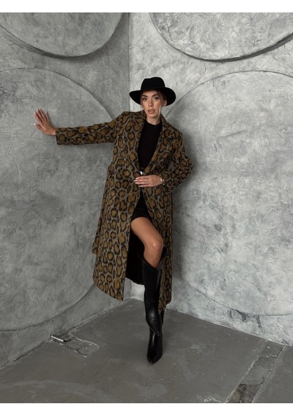 Salaş Midi Kaşe Kaban Leopar Kahverengi indirimleri