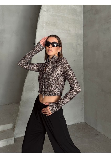 Fermuarlı Balıkçı Leopar Bluz Kahverengi