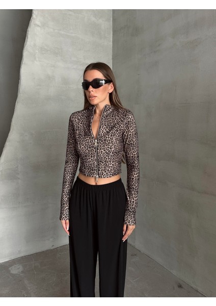 Fermuarlı Balıkçı Leopar Bluz Kahverengi