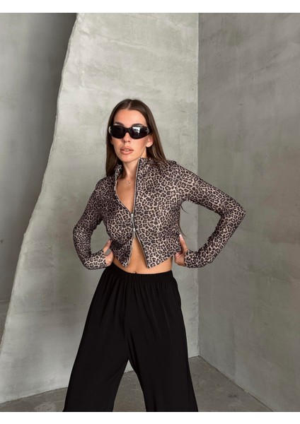 Fermuarlı Balıkçı Leopar Bluz Kahverengi