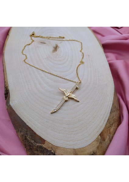 Zümrüdü Anka Kuşlu Elif Kolye | Zirkon Taşlı | Gold Renk | 45 cm