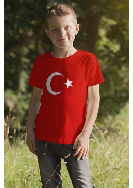 Çocuk Türk Bayraklı Kısa Kollu Tişört Bisiklet Yaka
