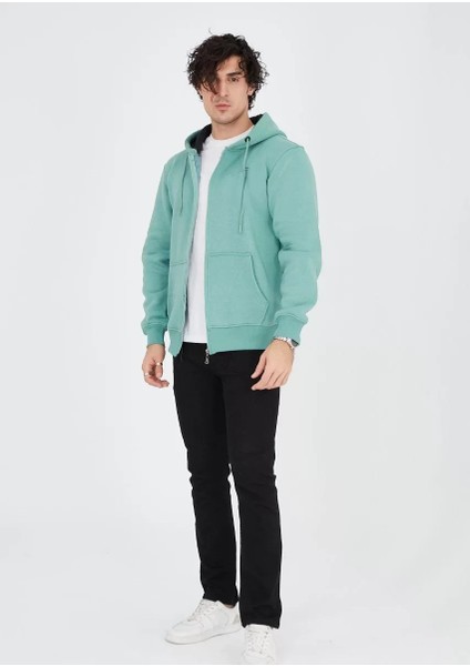 Unisex Tam Fermuarlı Kapşonlu Sweatshirt - Mint Yeşili