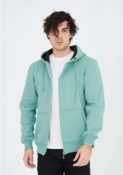 Unisex Tam Fermuarlı Kapşonlu Sweatshirt - Mint Yeşili