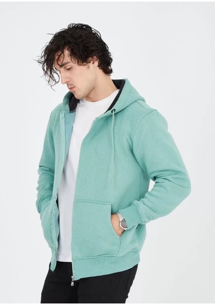 Unisex Tam Fermuarlı Kapşonlu Sweatshirt - Mint Yeşili