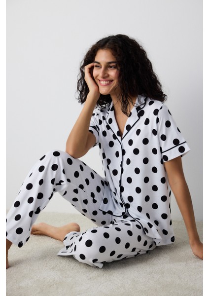 Black Dotted Gömlek Pantolon Beyaz Pijama Takımı