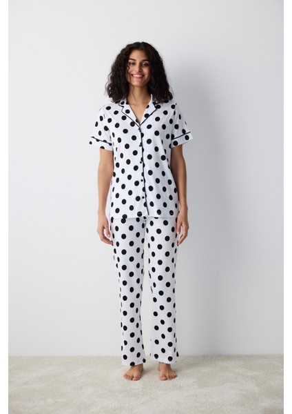 Black Dotted Gömlek Pantolon Beyaz Pijama Takımı