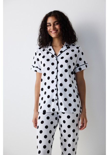 Black Dotted Gömlek Pantolon Beyaz Pijama Takımı