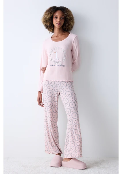 Dreamy Printed Gül Kurusu Pembe Pantolon Pijama Altı Takımı