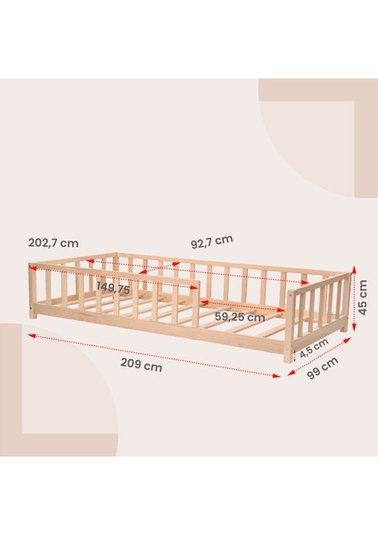 KFB620 Montessori Yer Yatağı - 90X200 cm Masif Çam Ağacı,  Geniş Uyku ve Oyun Alanı