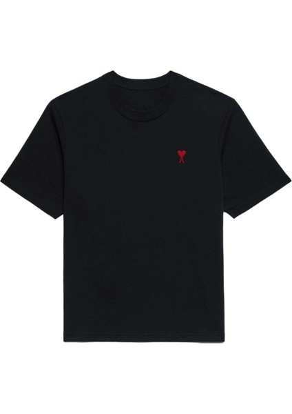 Kalp Tasarım Baskılı Siyah Unısex T-Shirt