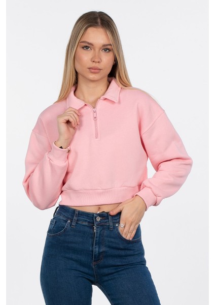 Polo Yaka Fermuarlı Sweatshirt - Pembe