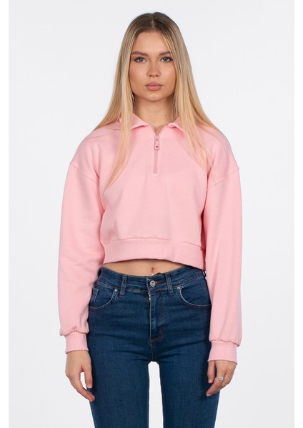 Polo Yaka Fermuarlı Sweatshirt - Pembe