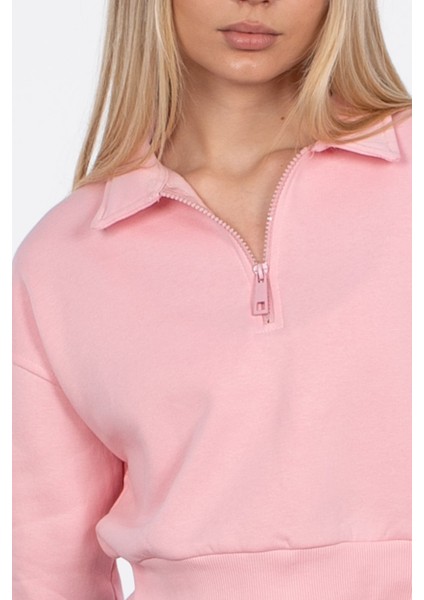 Polo Yaka Fermuarlı Sweatshirt - Pembe