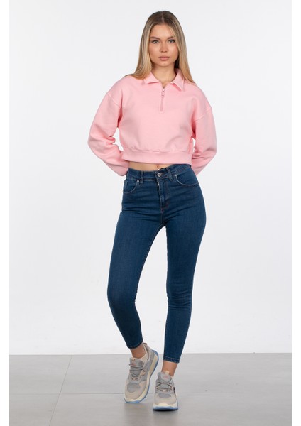 Polo Yaka Fermuarlı Sweatshirt - Pembe