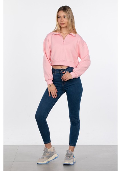 Polo Yaka Fermuarlı Sweatshirt - Pembe