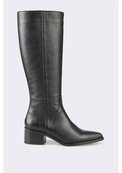 Siyah Deri Kadın Topuklu Çizme