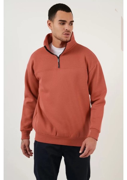 Oversize Yarım Farmuarlı Yakalı Basic Sweatshirt - Gül Kurusu