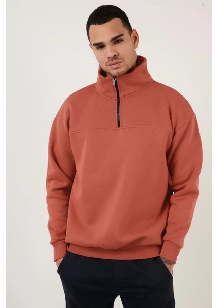 Oversize Yarım Farmuarlı Yakalı Basic Sweatshirt - Gül Kurusu