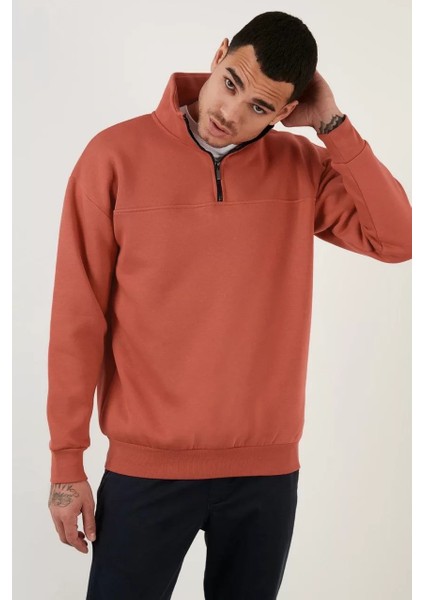 Oversize Yarım Farmuarlı Yakalı Basic Sweatshirt - Gül Kurusu