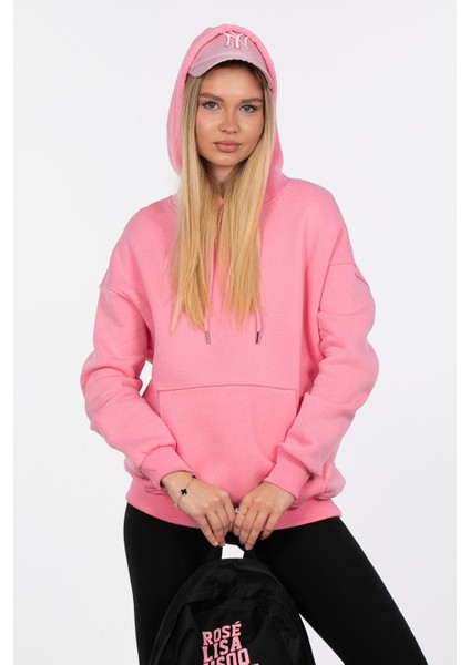 Kapüşonlu Kanguru Cepli Sweatshirt - Pembe