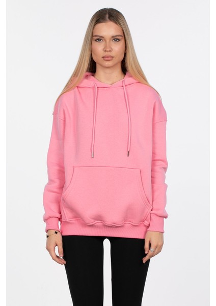 Kapüşonlu Kanguru Cepli Sweatshirt - Pembe