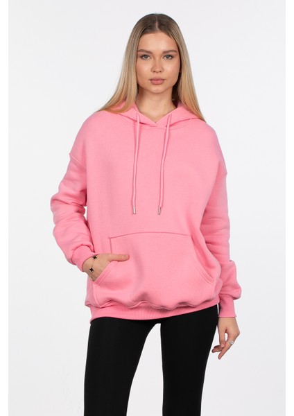 Kapüşonlu Kanguru Cepli Sweatshirt - Pembe