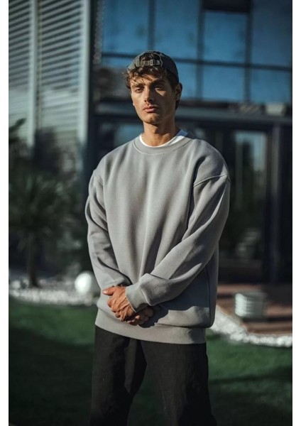 Kışlık Bisiklet Yaka Üç Iplik Basic Sweatshirt - Boyalı Gri
