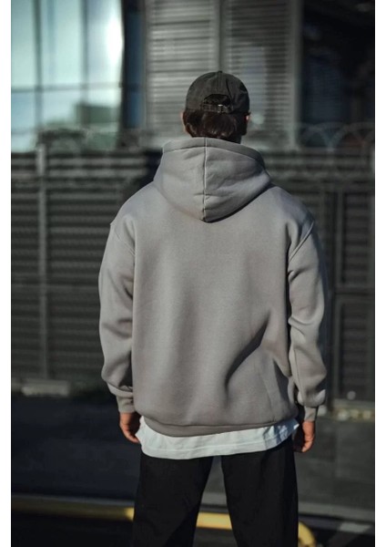 Üç Iplik Penye Kapşonlu Basic Sweatshirt - Boyalı Gri
