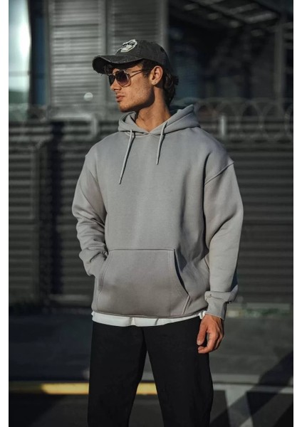 Üç Iplik Penye Kapşonlu Basic Sweatshirt - Boyalı Gri