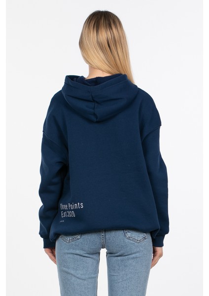 Kapüşonlu Arka Yazı Baskılı Sweatshirt - Lacivert