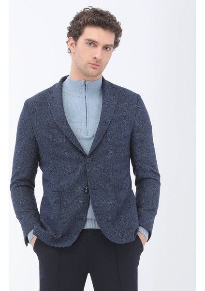 Indigo Mikro Regular Fit Yün Karışımlı Ceket