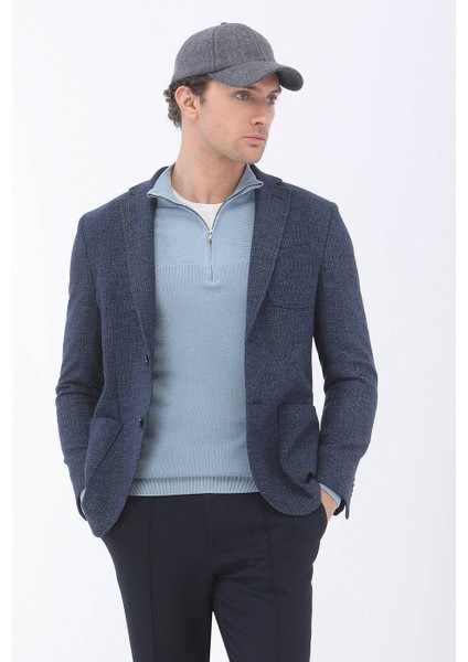 Indigo Mikro Regular Fit Yün Karışımlı Ceket