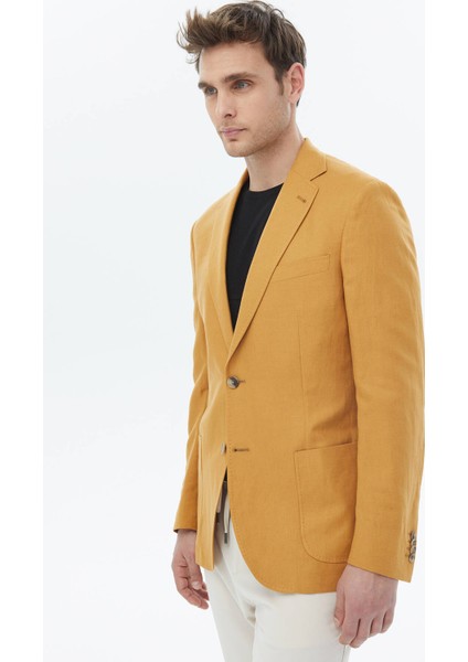 Safran Düz Modern Fit Keten Karışımlı Ceket
