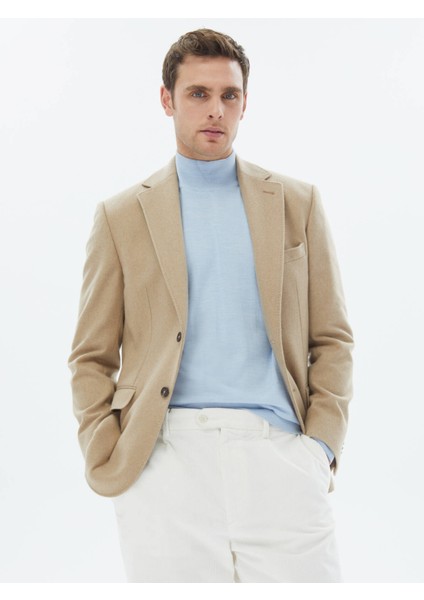 Bej Düz Modern Fit Yün Karışımlı Ceket