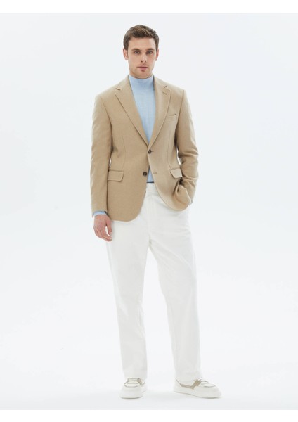 Bej Düz Modern Fit Yün Karışımlı Ceket