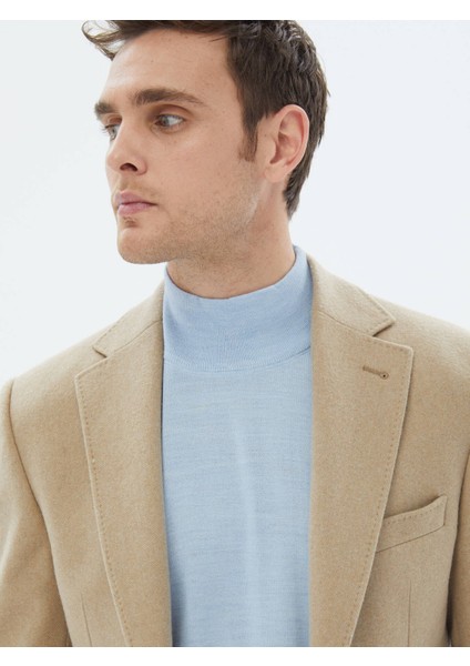 Bej Düz Modern Fit Yün Karışımlı Ceket
