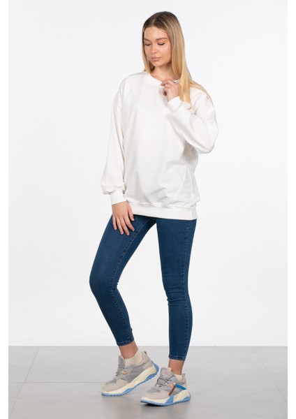 Basic Bisiklet Yaka Sweatshirt - Ekru