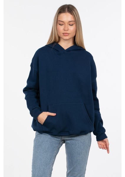 Kapüşonlu Arka Yazı Baskılı Sweatshirt - Lacivert