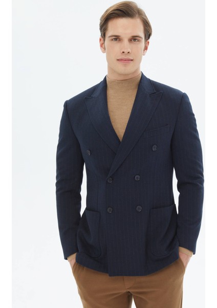 Lacivert Çizgili Modern Fit Örme Ceket