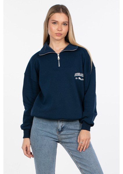 Yarım Fermuarlı Yazı Baskılı Sweatshirt - Lacivert